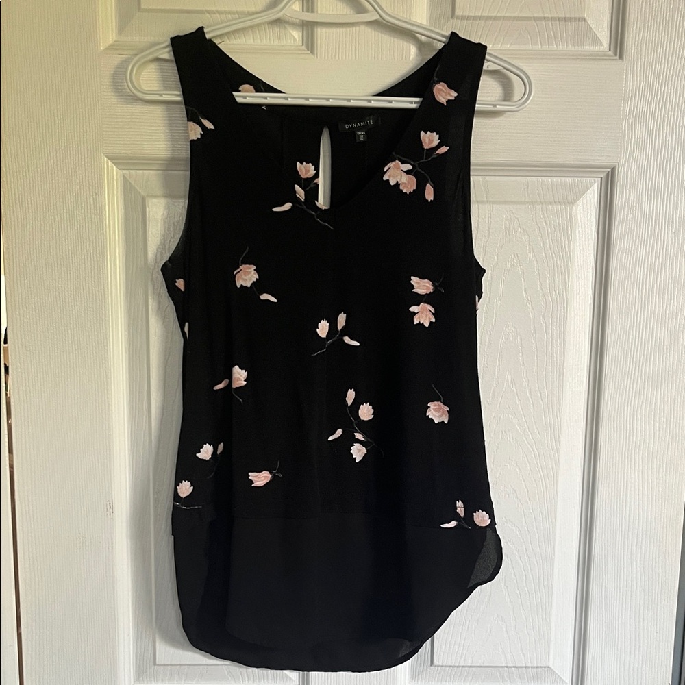 Suzy Shier Black Tank Top with Pink Floral Design